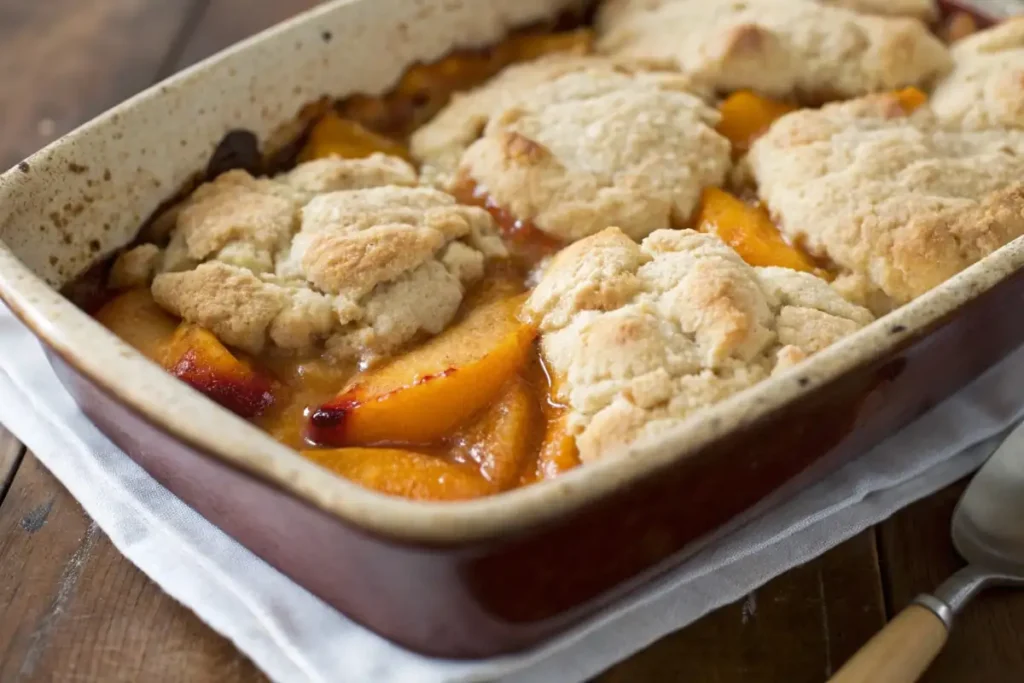 Peach cobbler fresh from the oven
