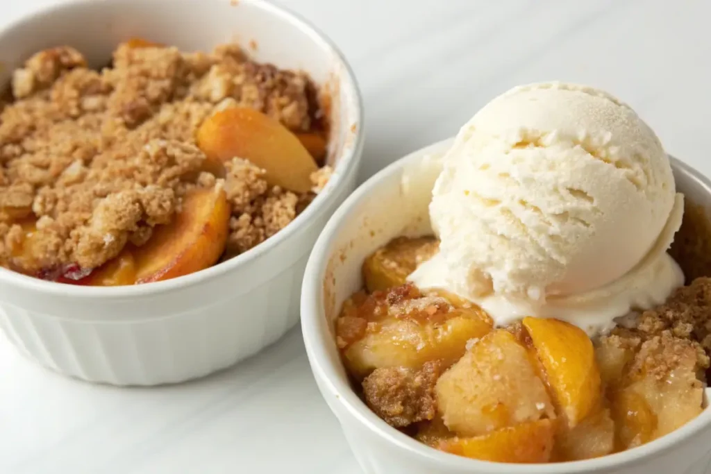 Peach cobbler and crumble served with ice cream